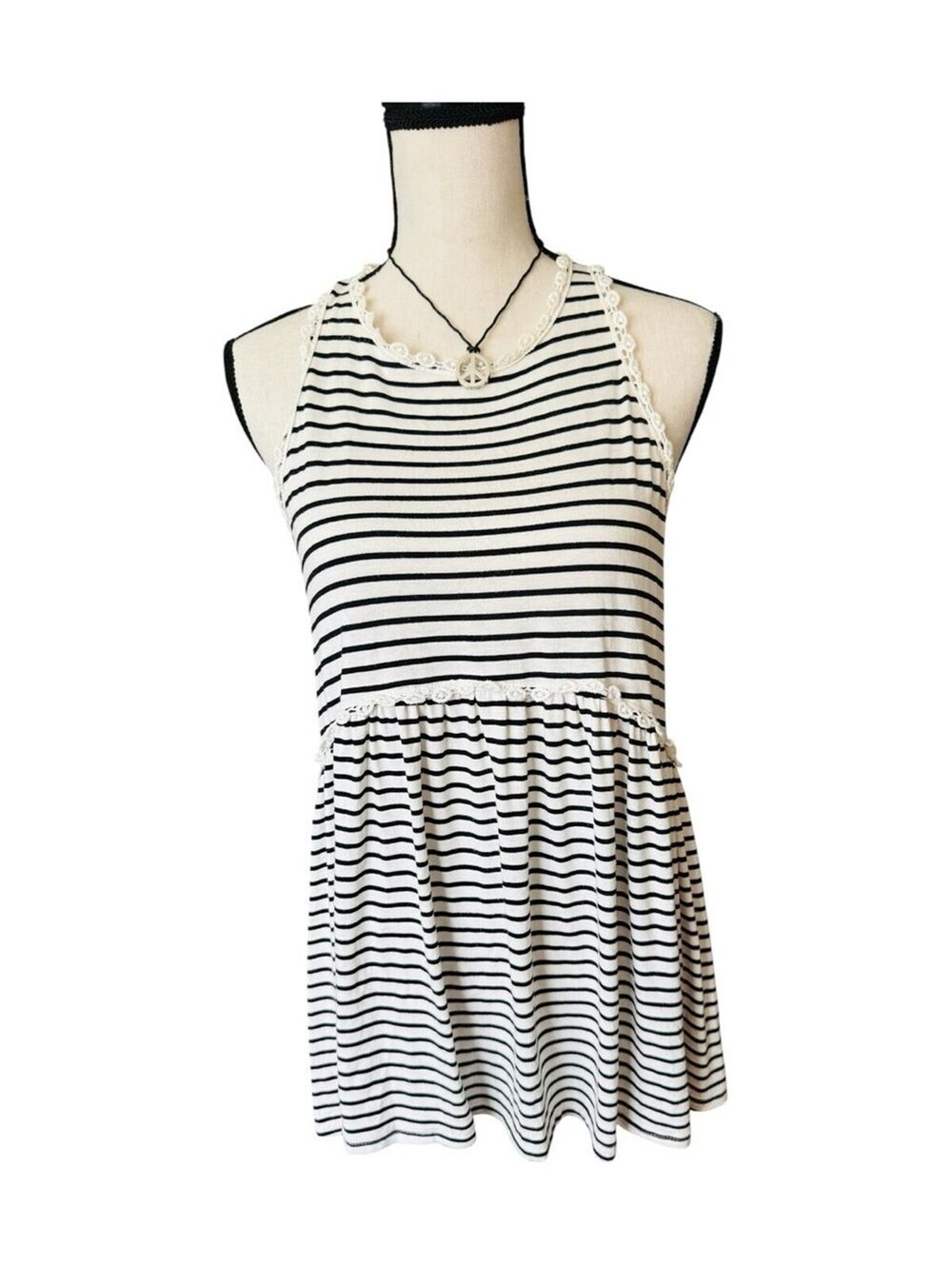 POL Black White Striped Crochet Lace Babydoll Tank Top Women’s M Boho Tunic